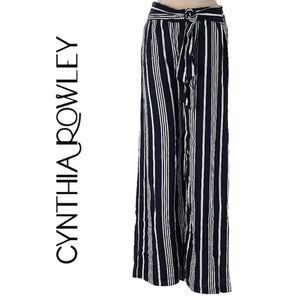 Black and White Striped Wide-Leg Pants Size 8 - Elastic Waist w/ Tie Belt